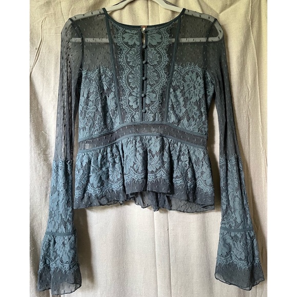 Free people lace and sheer blouse size x small dusty blue - Picture 5 of 10